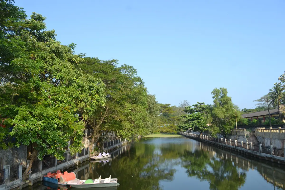 Narrow canal near the beach in Alappuzha lined with green trees and small boats