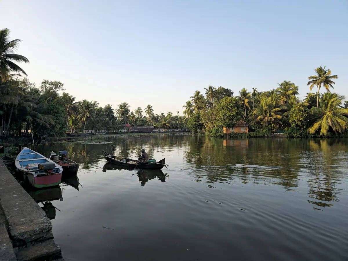 Wooden dock with small canoes beside a palm-lined backwater at Kumarakom