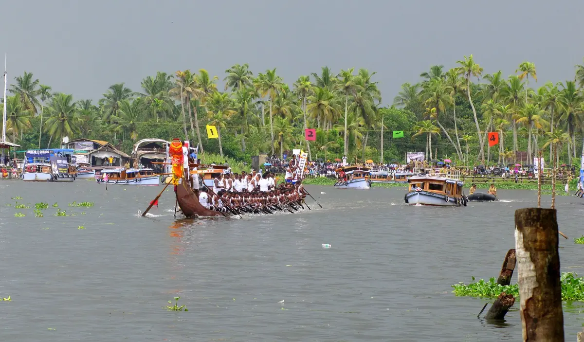 Snake boat racing on the lake while spectator boats crowd the shore at the Nehru Trophy