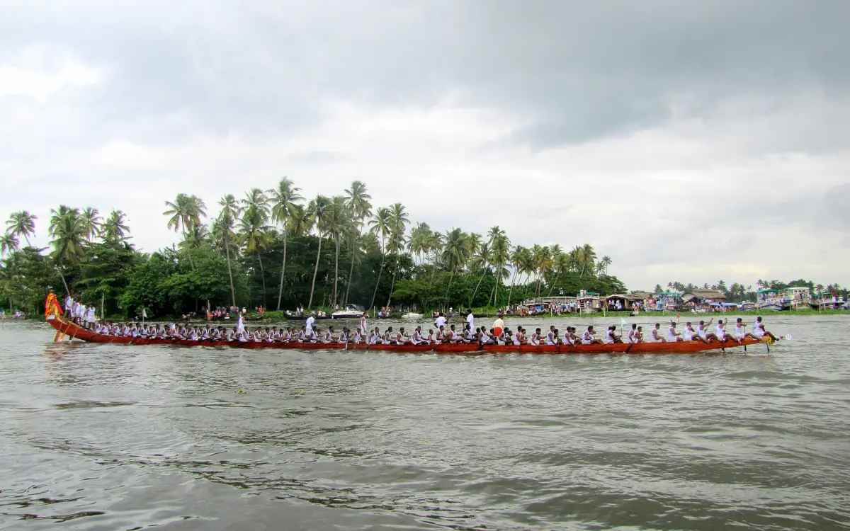 Long snake boat with rowers racing past a palm island during the Nehru Trophy Boat Race